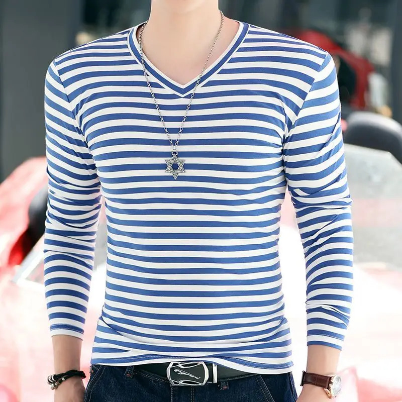 Spring and Autumn Fashion Pure Cotton Simple Casual V-neck Stripe Slim Fit Long Sleeve Oversized Youth Mens T-shirt 240229