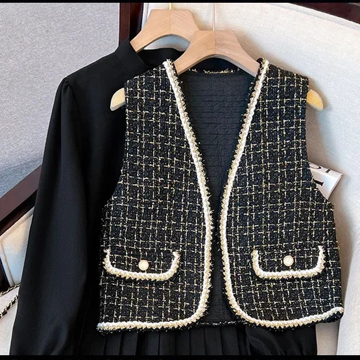 GkyocQ Autumn Two Piece Sets Women Outfit Plaid Tweed Vest and Long Sleeve V-neck Lace-up Collar Pleated Dresses Set 240223