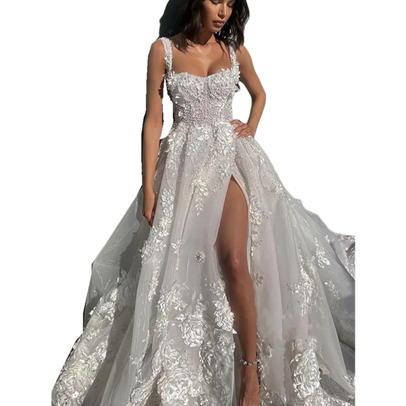 Beach Lace Summer Wedding Dresses Sexy Side Split Appliques Spaghetti Organza Bridal Gowns Long Train Floral Bohemian Bride Dress Robe De Mariee
