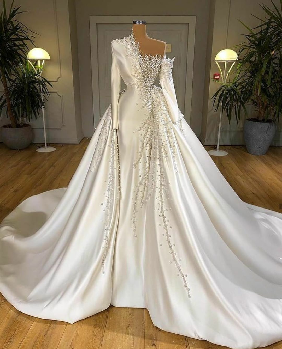 Vintage Pearls Mermaid Wedding Dress Long Sleeve Bridal Gowns with Overskirts Off Shoulder Bride Dresses Custom Made Vestido de novia