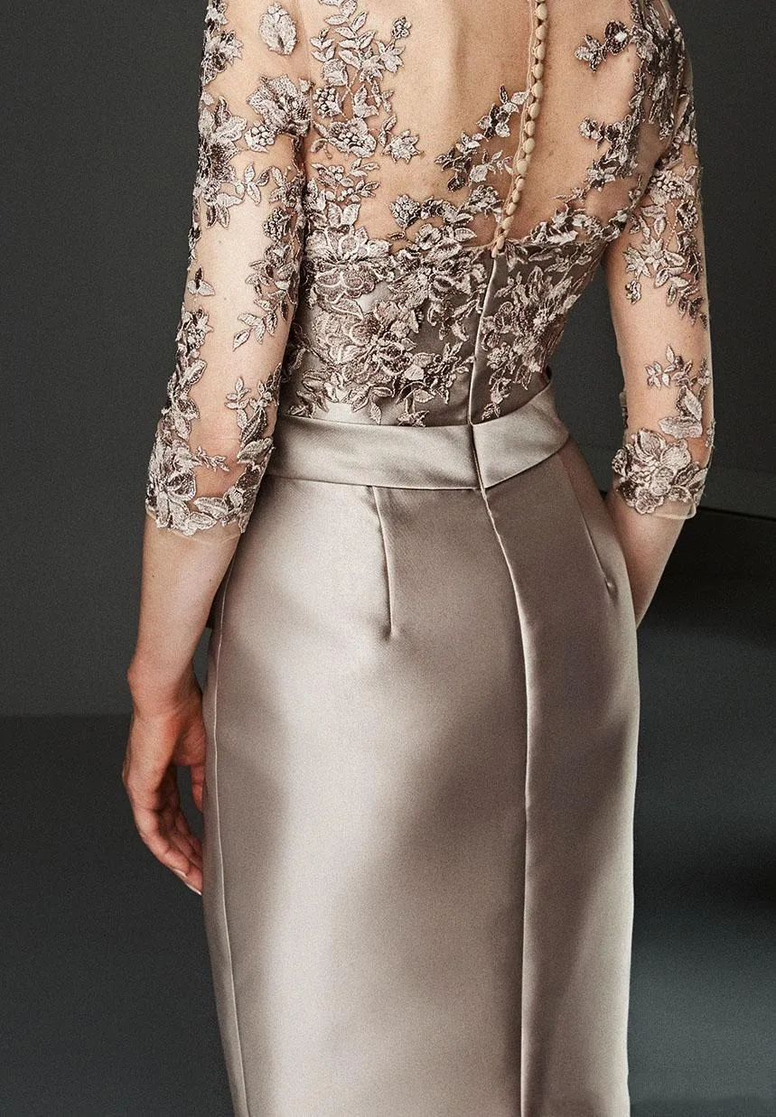 Champagne Of The Bride Dresses Knee Length Satin Lace Appliqued Groom Mother For Wedding Arabic Evening Dress 6660305