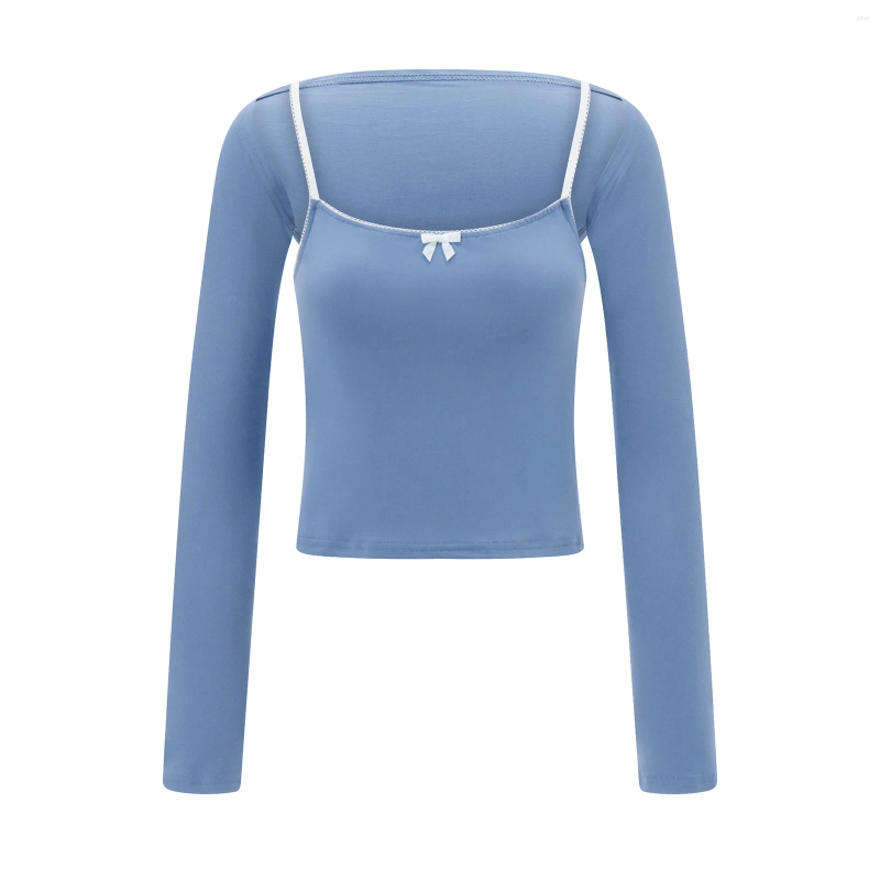 Womens T Shirts Women Y2K Cami Bolero Set Long Sleeve Bow Front Crop Top Slim Fit T-Shirt 2 Pieces Lace Shrug Cardigan