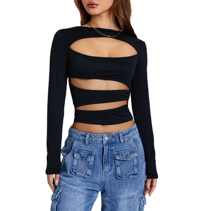 Womens T Shirts Women T-Shirt Hollow Out Long Sleeve Cutout Crop Top Y2k Pullover Going Tops Sexy Blouse Tee
