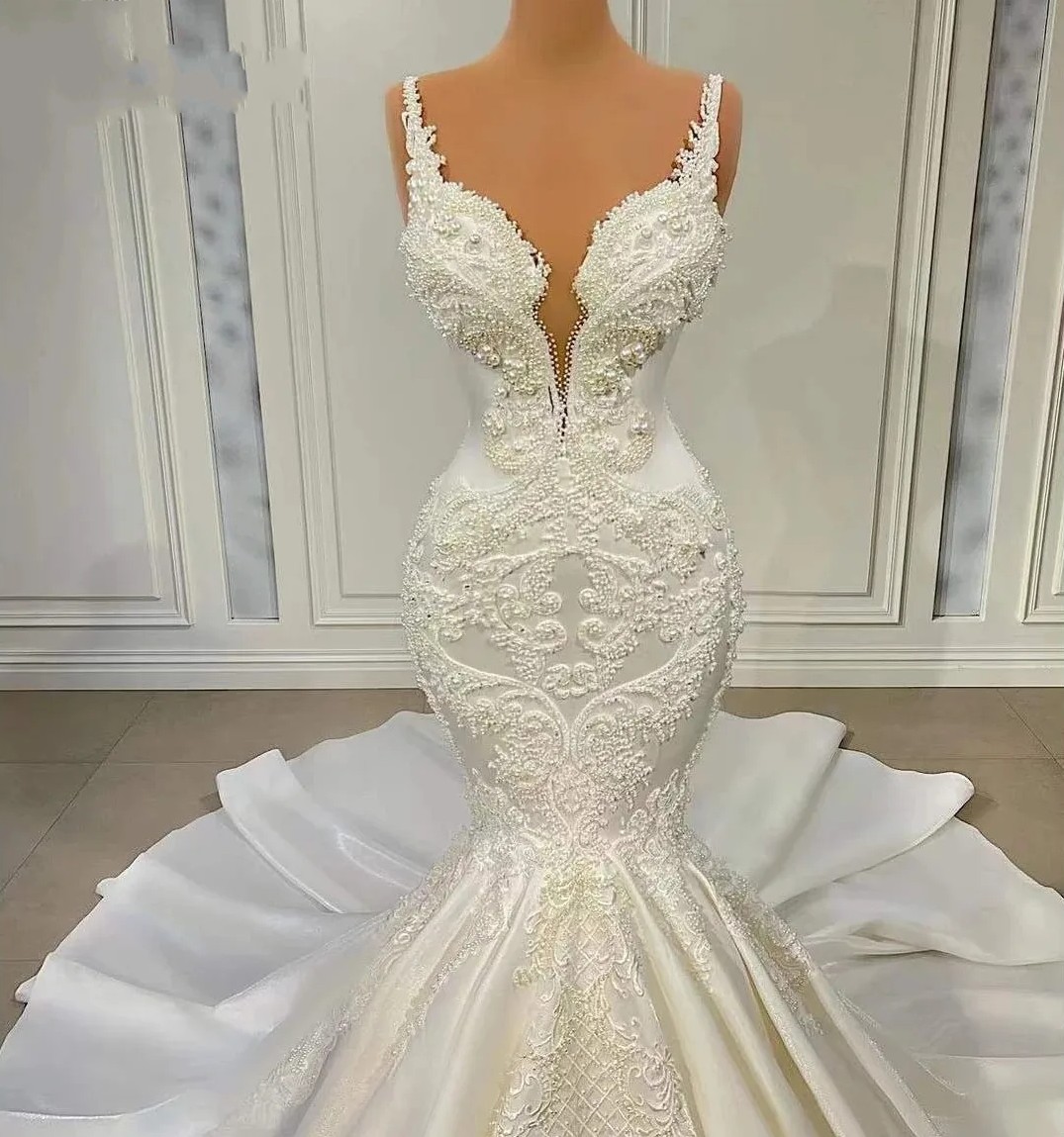 Wedding Spring Mermaid Dress Sexy V-Neck Pearls Appliqued Lace Satin Bridal Gowns Chic Vestidos Noiva Robe De Mariage
