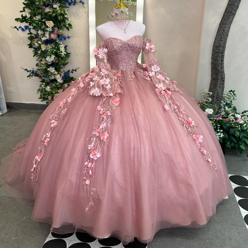 Pink 3D wers Ball Gown Long Sleeved Quinceanera Dresses Appliques Lace Beads Tull Corset Vestidos De 15 Anos