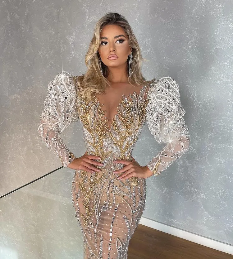 Size Plus Arabic Aso Ebi Urious Sparkly Mermaid Wedding Dress Beaded Crystals Lace Bridal Gowns Dresses
