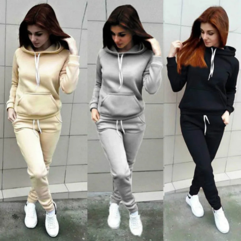 Solid Women Tracksuit Casual Hoodies Sweatshirt Pant Set Lounge Wear Sport Suit 2PCS Autumn Winter Clothes 240301