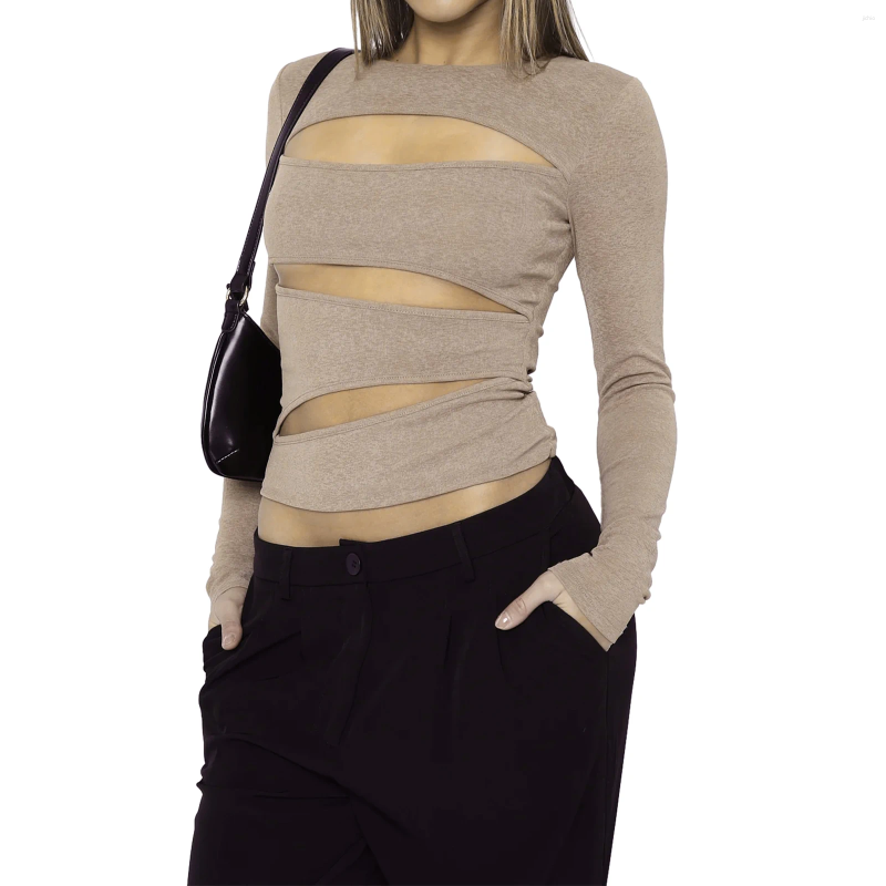 Womens T Shirts Women T-Shirt Hollow Out Long Sleeve Cutout Crop Top Y2k Pullover Going Tops Sexy Blouse Tee