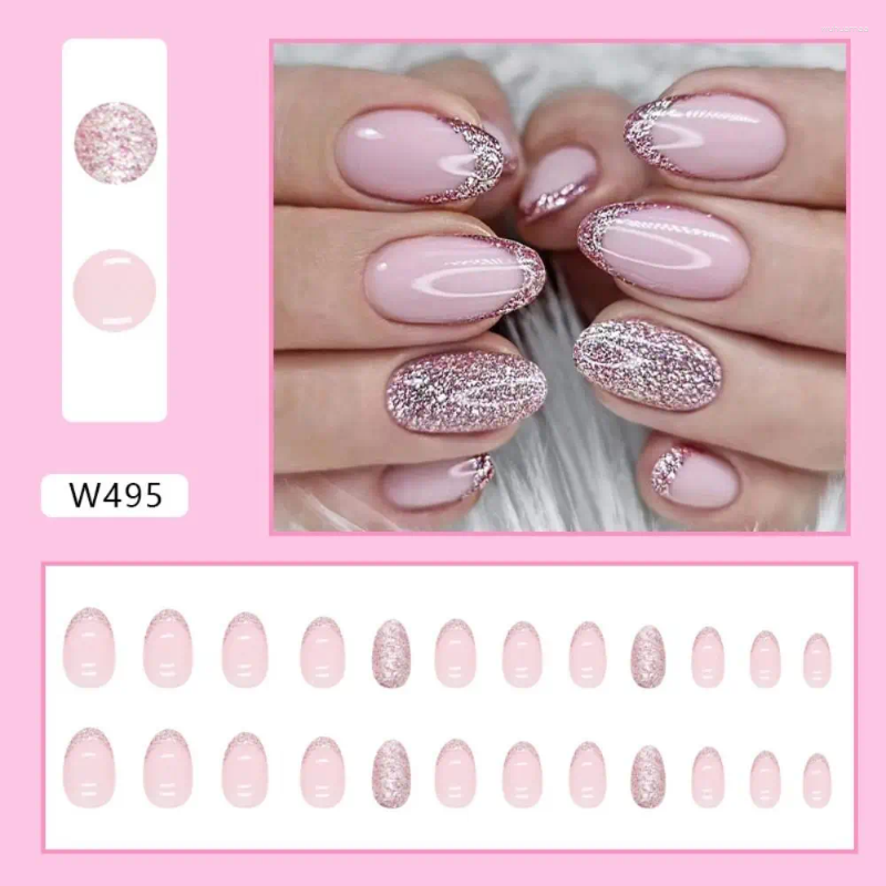 False Nails 24Pcs Pink Fake Nail Long Oval French Styly Shining Full Cover Press On DIY Detachable Manicure Tip