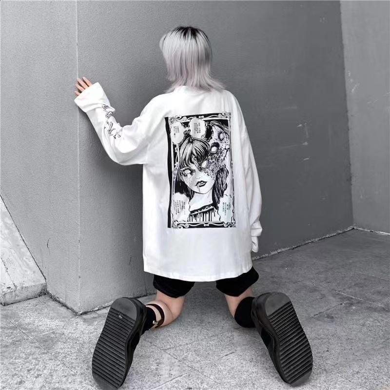 Early autumn top Korean version womens Harajuku wind mourning Department dark printing loose casual backing Long Sleeve White T-Shirt 210406