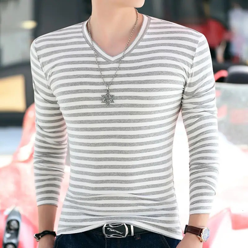 Spring and Autumn Fashion Pure Cotton Simple Casual V-neck Stripe Slim Fit Long Sleeve Oversized Youth Mens T-shirt 240229
