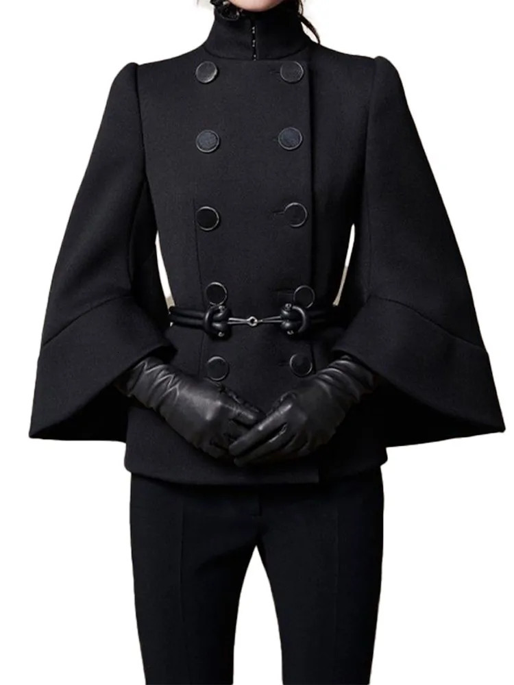 Chic Belt Double Breasted Women Jackets Flared Long Sleeve High Collar Short Coats for Female est Spring Autumn Outwear 240219
