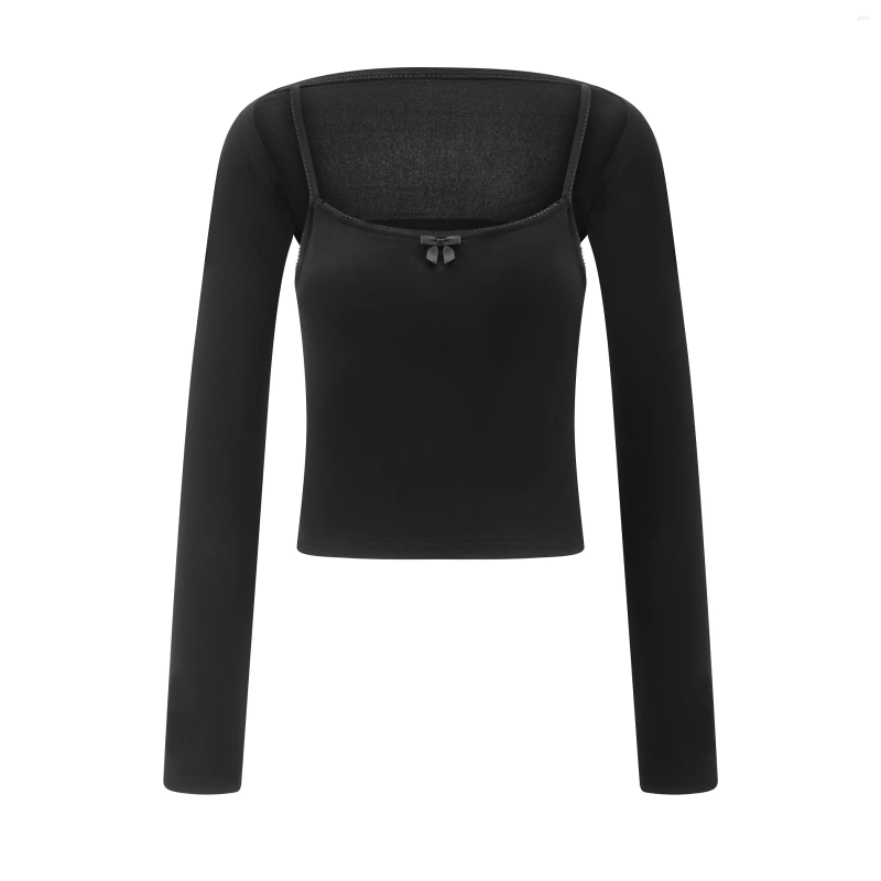 Womens T Shirts Women Y2K Cami Bolero Set Long Sleeve Bow Front Crop Top Slim Fit T-Shirt 2 Pieces Lace Shrug Cardigan
