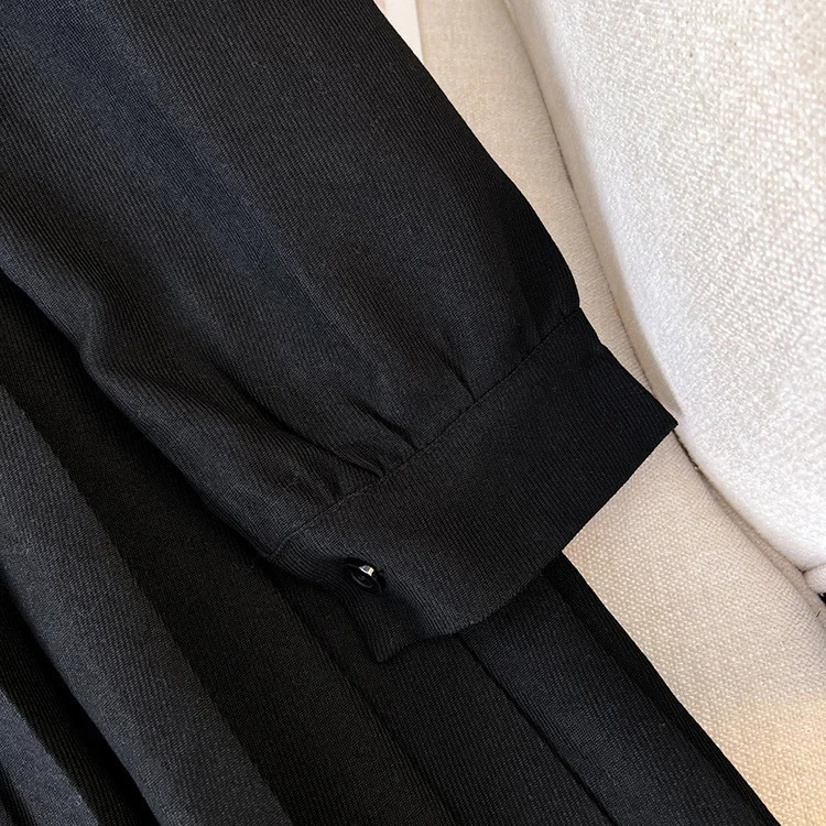 GkyocQ Autumn Two Piece Sets Women Outfit Plaid Tweed Vest and Long Sleeve V-neck Lace-up Collar Pleated Dresses Set 240223