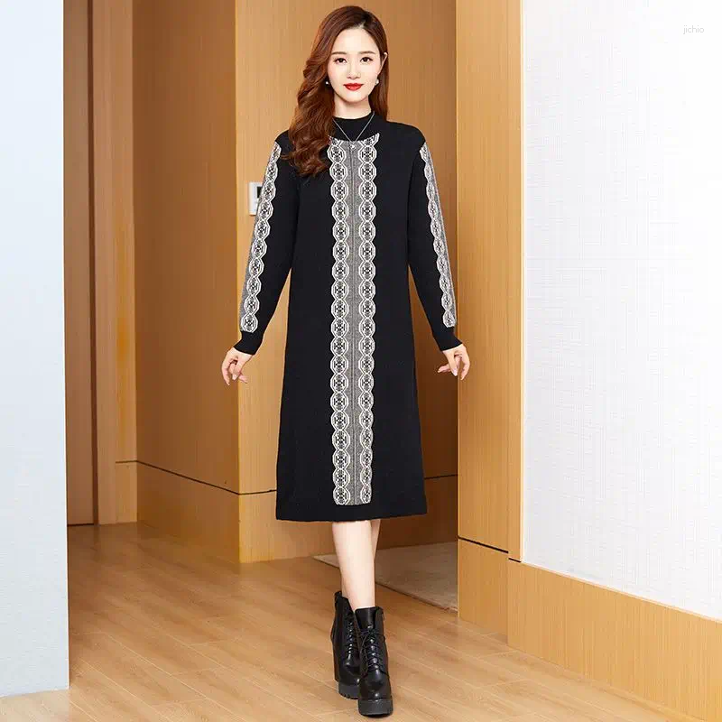 Casual Dresses Women Loose Oversize Knit Dress 2024 Autumn Winter Clothes Fashion Jacquard Patchwork Half High Collar Warm Female Sweater