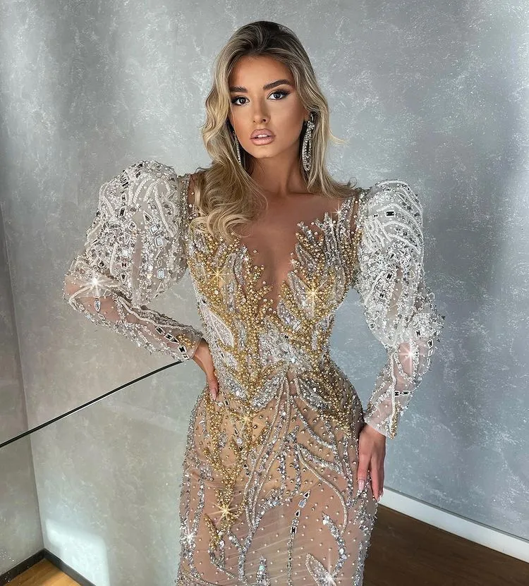 Size Plus Arabic Aso Ebi Urious Sparkly Mermaid Wedding Dress Beaded Crystals Lace Bridal Gowns Dresses
