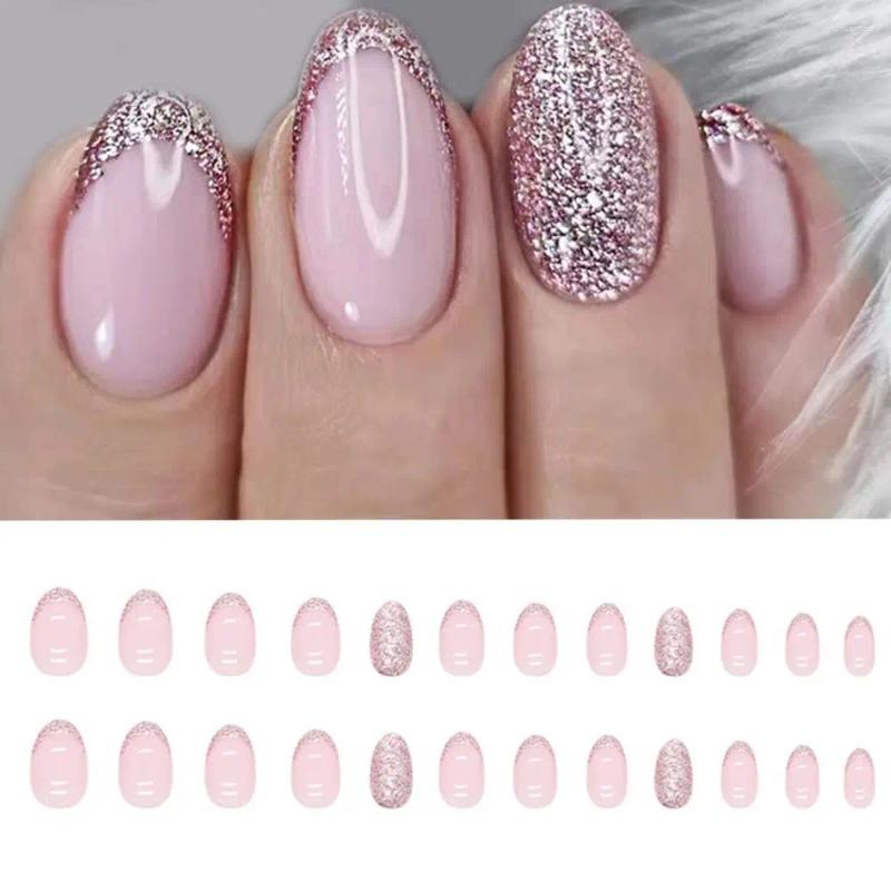 False Nails 24Pcs Pink Fake Nail Long Oval French Styly Shining Full Cover Press On DIY Detachable Manicure Tip