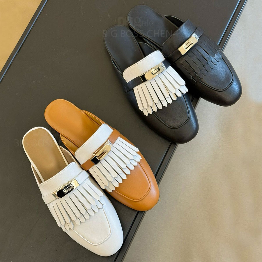 Top quality Silver buckle Square-toe mules slippers Flat sandal slides Leather tassels slip on Flat Vacation shoes Luxury designer mules slippers for womens