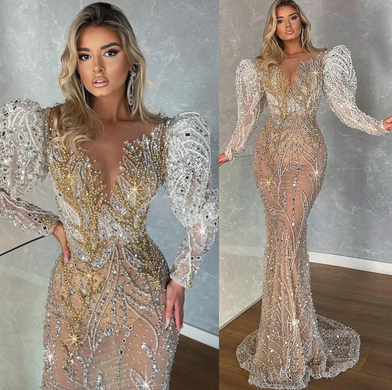 Size Plus Arabic Aso Ebi Urious Sparkly Mermaid Wedding Dress Beaded Crystals Lace Bridal Gowns Dresses