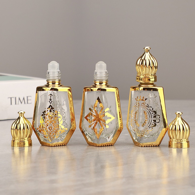 12ml Gold Arabic Crystal Essential Oil Roller Bottles Attar Oud Glass Perfume Bottle With Glass Roll On Bottle