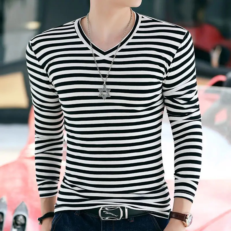 Spring and Autumn Fashion Pure Cotton Simple Casual V-neck Stripe Slim Fit Long Sleeve Oversized Youth Mens T-shirt 240229