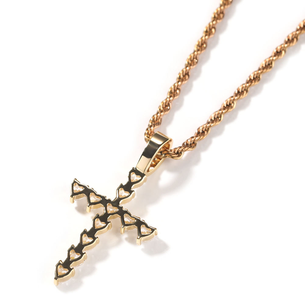 Hip Hop Fashion Charm Heart Shape Zircon Cross Pendant Necklace Crystal Jewelry 18k Real Gold Plated Women Men Religion Jewelry