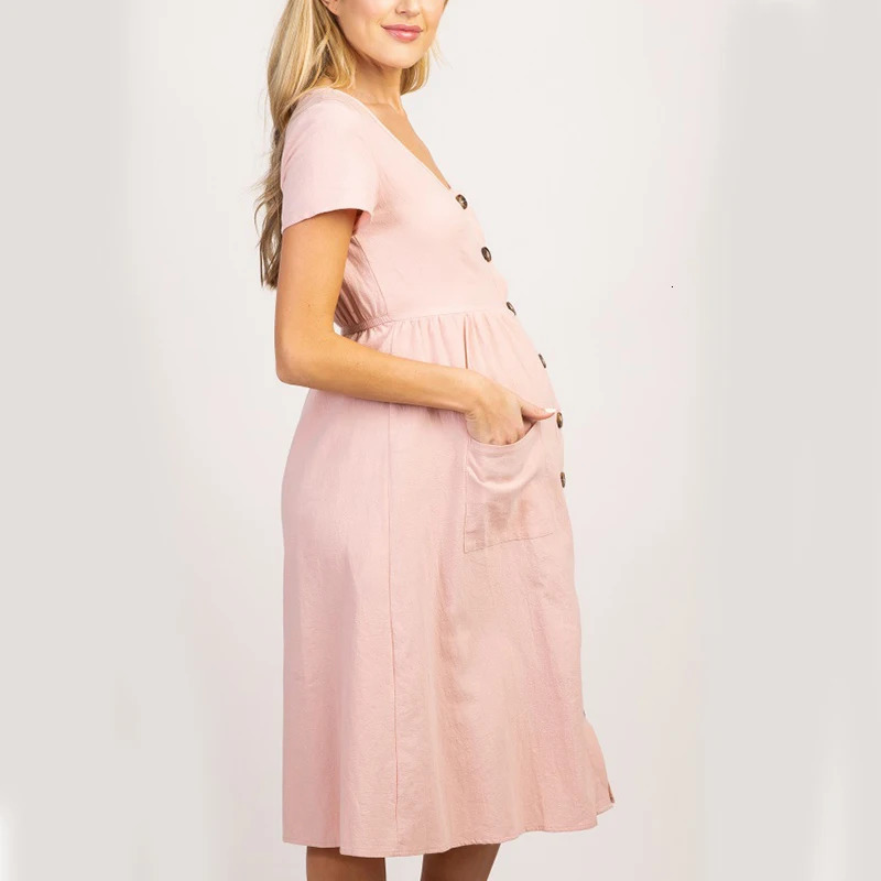Button Pocket Maternity Dresses Pregnant Women Office Casual Clothes Cotton Summer Female Plus Size Pregnancy Dress Graduation 240301