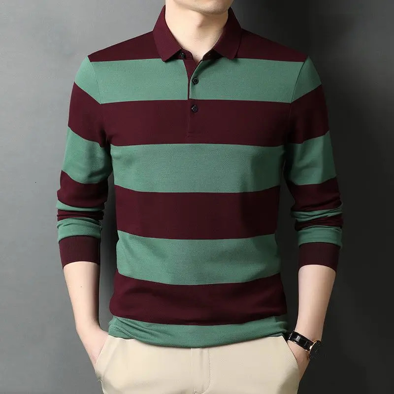 Autumn Long Sleeved Polo Shirts Mens Lapel Button Print Stripe Korean Fashion Loose Casual Versatile Simple Stripe Top 240229