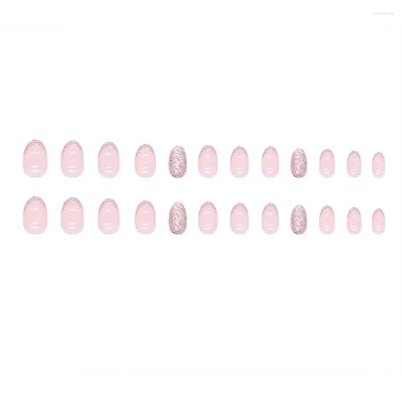 False Nails 24Pcs Pink Fake Nail Long Oval French Styly Shining Full Cover Press On DIY Detachable Manicure Tip