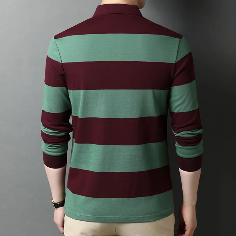 Autumn Long Sleeved Polo Shirts Mens Lapel Button Print Stripe Korean Fashion Loose Casual Versatile Simple Stripe Top 240229