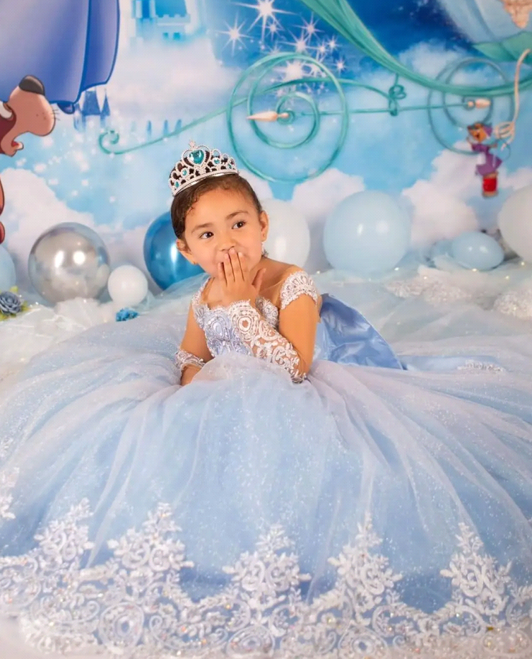 Blue Princess Wer Girl Dresses With Big Bow Sash A E Crew Neck Sheer Sleeves Appliques Sequins Long Toddler Teens ppliques