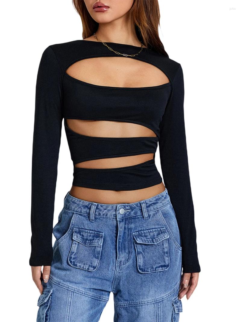 Womens T Shirts Women T-Shirt Hollow Out Long Sleeve Cutout Crop Top Y2k Pullover Going Tops Sexy Blouse Tee