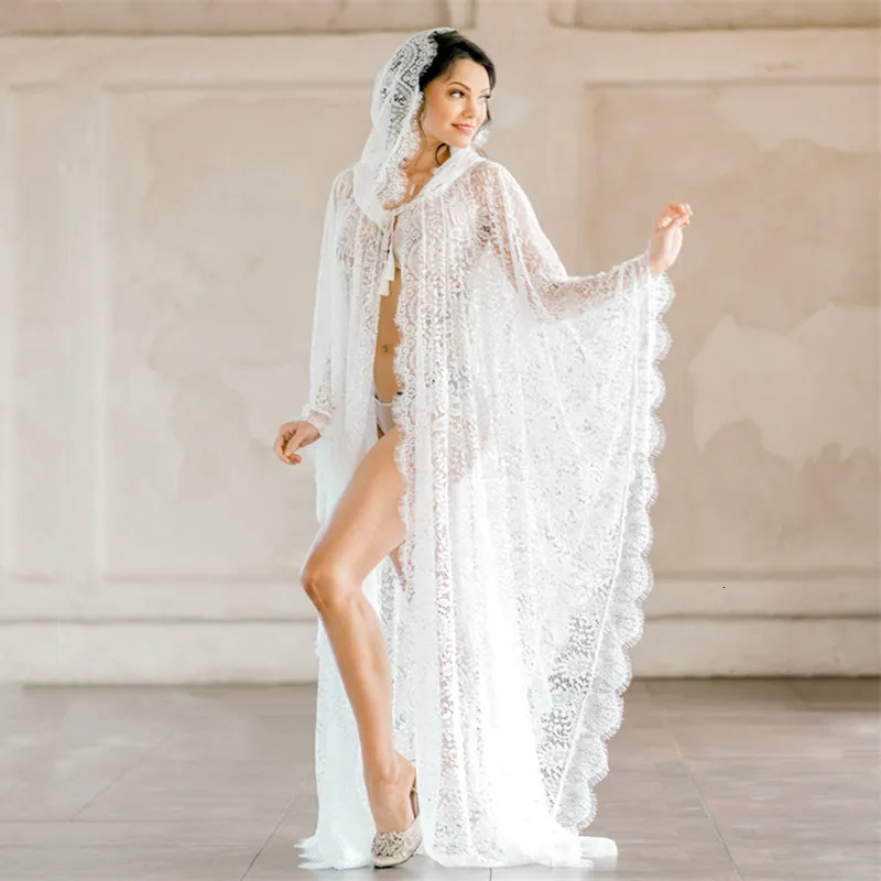 Maternity Pography Prop Long Lace Dress Cape Boho Po Shooting See Through Pregnancy 240301