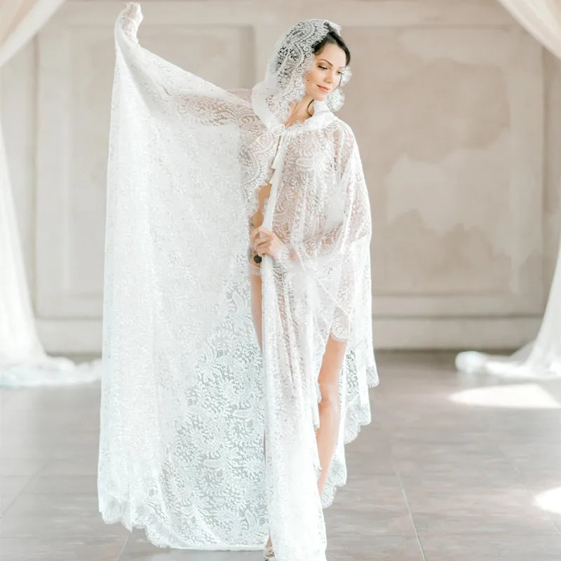 Maternity Pography Prop Long Lace Dress Cape Boho Po Shooting See Through Pregnancy 240301