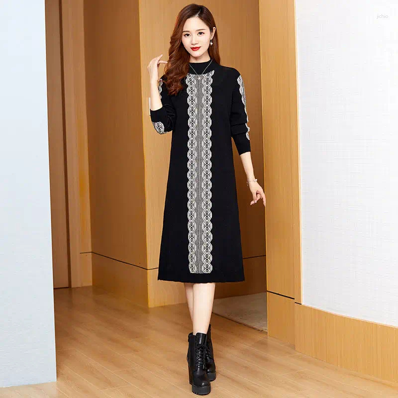 Casual Dresses Women Loose Oversize Knit Dress 2024 Autumn Winter Clothes Fashion Jacquard Patchwork Half High Collar Warm Female Sweater