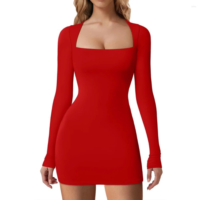Casual Dresses Women Square Neck Dress Long Sleeve Bodycon Sexy Slim Fit Skinny Mini Ladies Club Streetwear