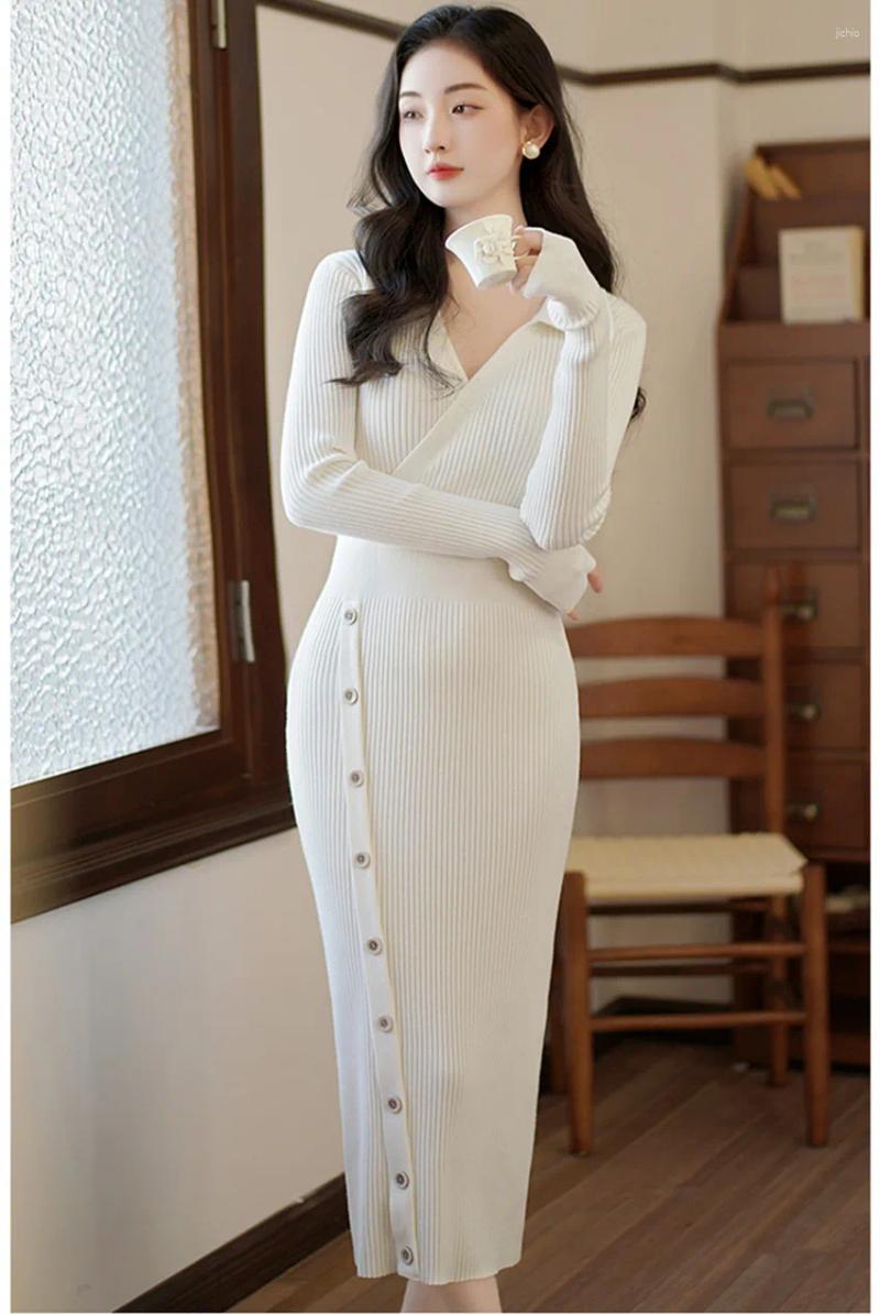 Casual Dresses 2024 Fashion Winter Side Buttons Sweater Knitted Dress Elegant Women Lapel Collar Solid Stretch Bodycon Pencil Midi Clothes