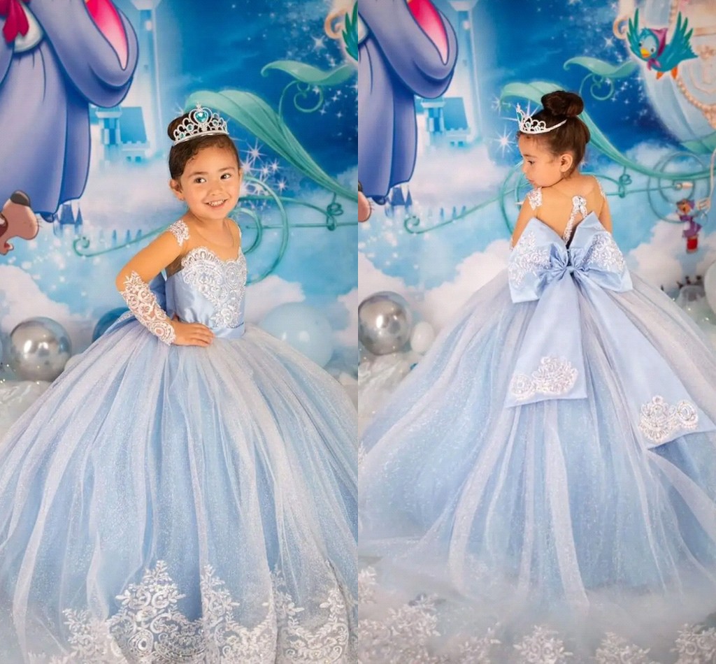Blue Princess Wer Girl Dresses With Big Bow Sash A E Crew Neck Sheer Sleeves Appliques Sequins Long Toddler Teens ppliques