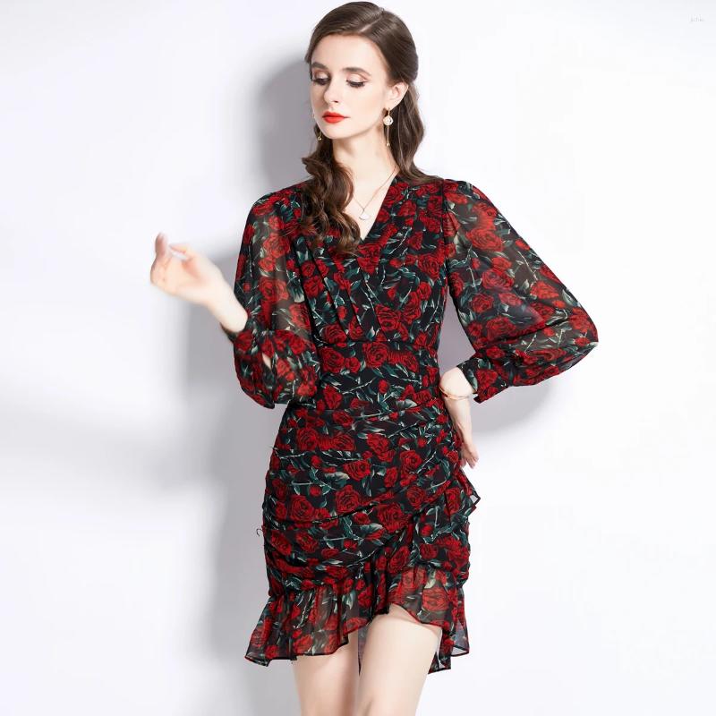 Casual Dresses French Spring Rose Flower Chiffon Mini Dress Elegant Women V Neck Lantern Sleeve Ruffles Print Slim Bodycon Mermaid Short