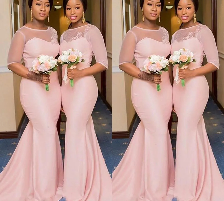 Blush Pink African Nigerian Mermaid Bridesmaid Dresses with Sleeve Sheer Lace Neck Plus Size Maid of Honor Wedding Guest Gown