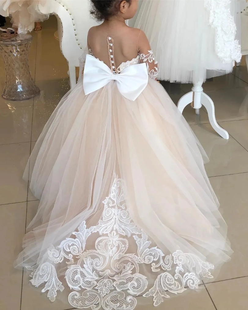 DHL Fast Ship In Stock Lace Tulle wer Girl Bows Back Girls First Communion Gowns Princess Ball Gown Wedding Party Dress FS