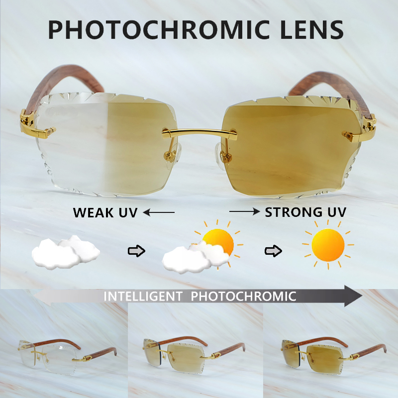 Photochromic Sunglasses Diamond Cut Stylish Color Change Two Colors Lenses 4 Season Glasses Frame Designer Carter Luxury Eyewear Driving Shades Red Wood