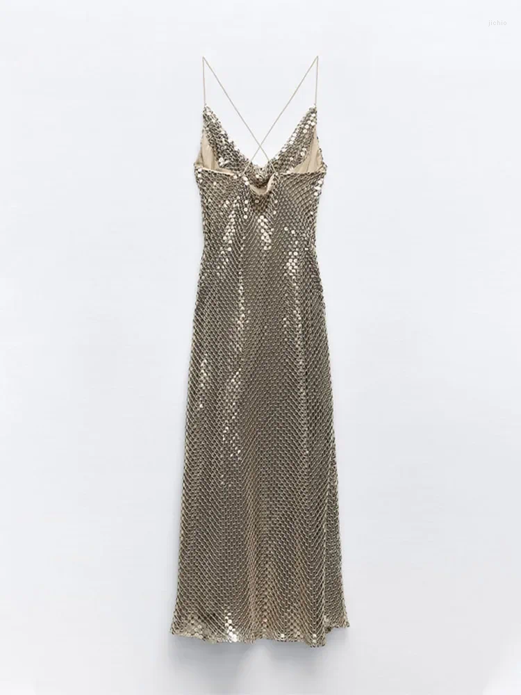 Casual Dresses Chic Mesh Deep V Neck Back Cross Sparking Sling Dress Women Sexy Sleeveless Sequined Backless Vestidos Elegant Lady Party