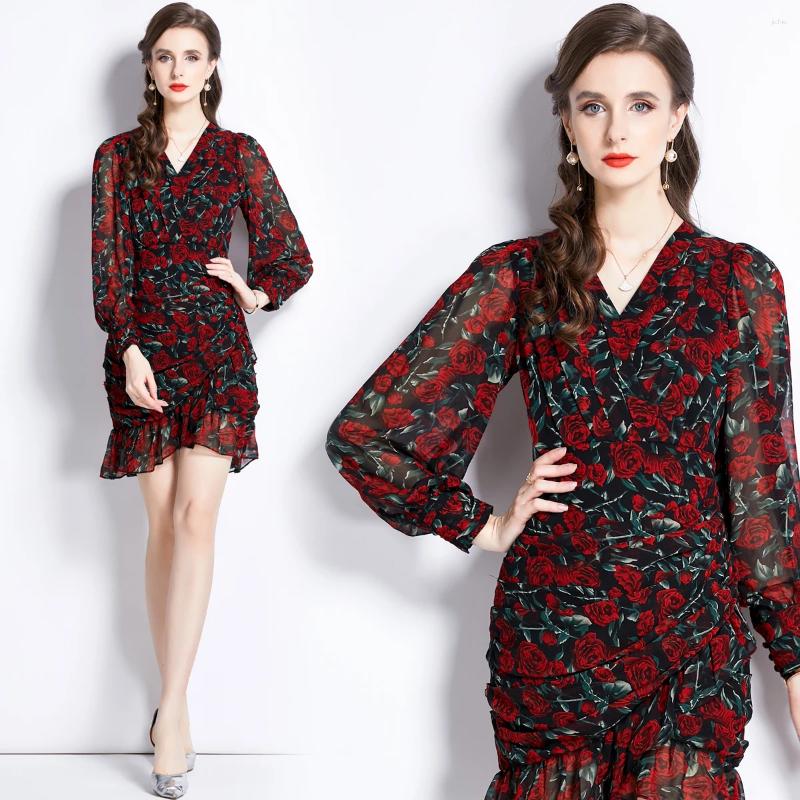 Casual Dresses French Spring Rose Flower Chiffon Mini Dress Elegant Women V Neck Lantern Sleeve Ruffles Print Slim Bodycon Mermaid Short