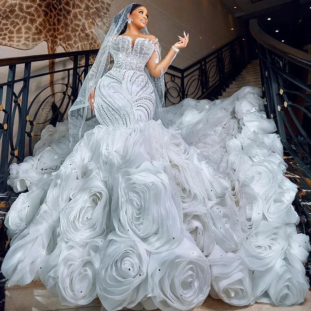 Arabic Aso Ebi White Mermaid Wedding Dress Beaded Crystals Lace Detachable Train Bridal Gowns Dresses Lz0304