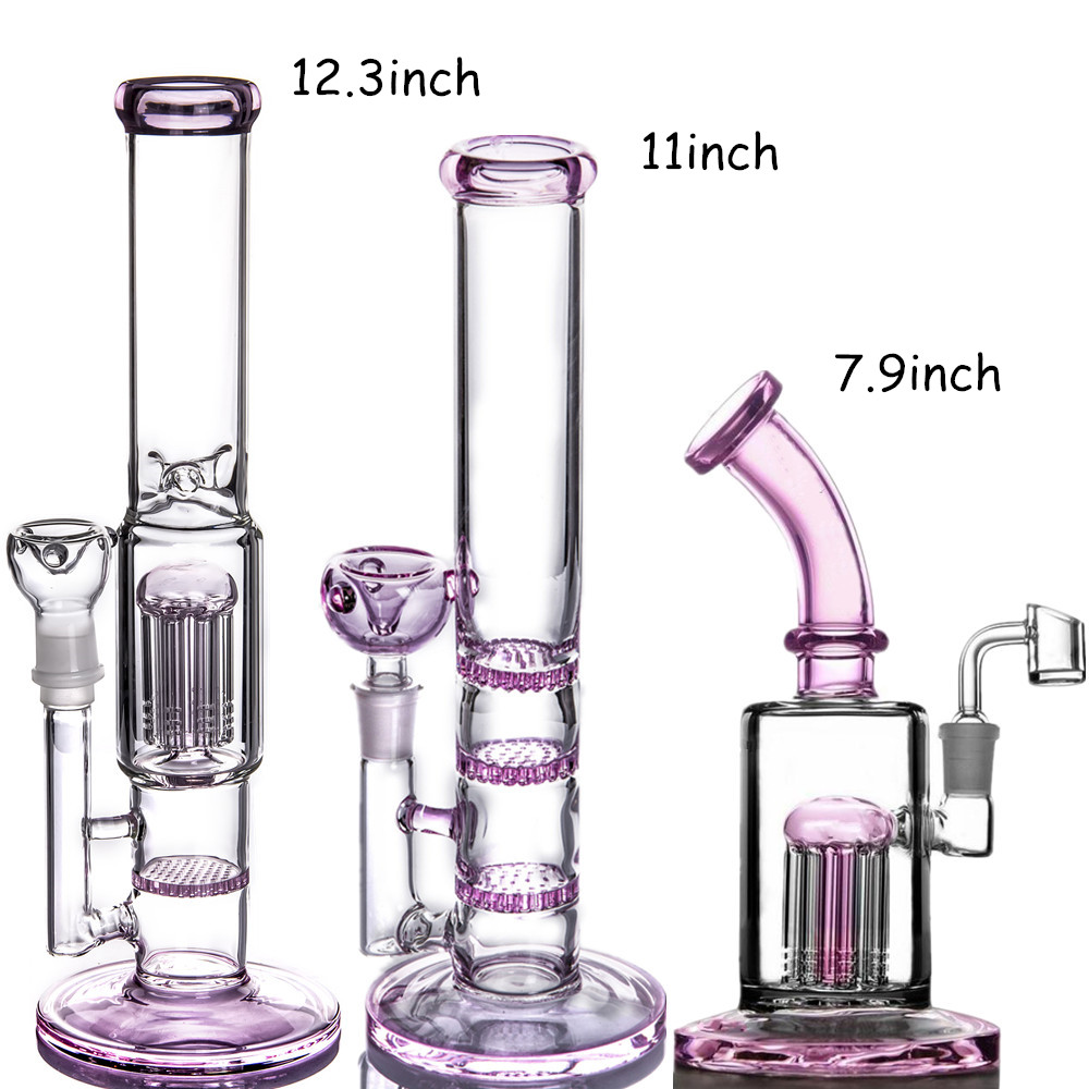 Pink Glass Bongs Honeycomb Arm Tree Perc Thick Water Pipe Hookah Bubblers Smoking Accessories with 14mm Joint