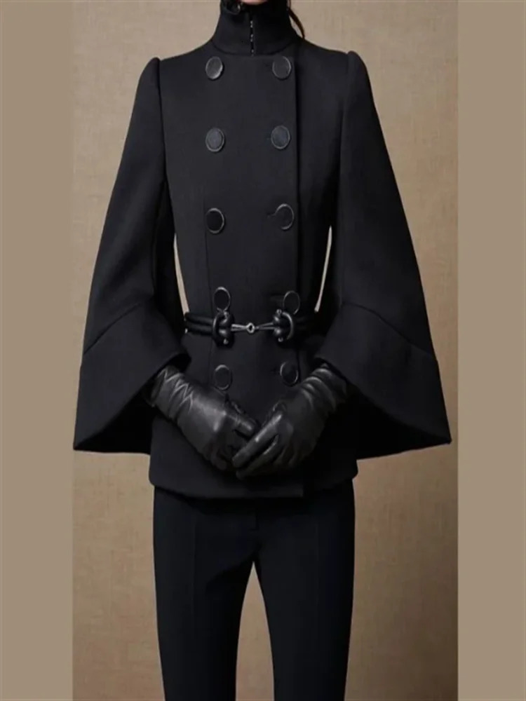 Chic Belt Double Breasted Women Jackets Flared Long Sleeve High Collar Short Coats for Female est Spring Autumn Outwear 240219