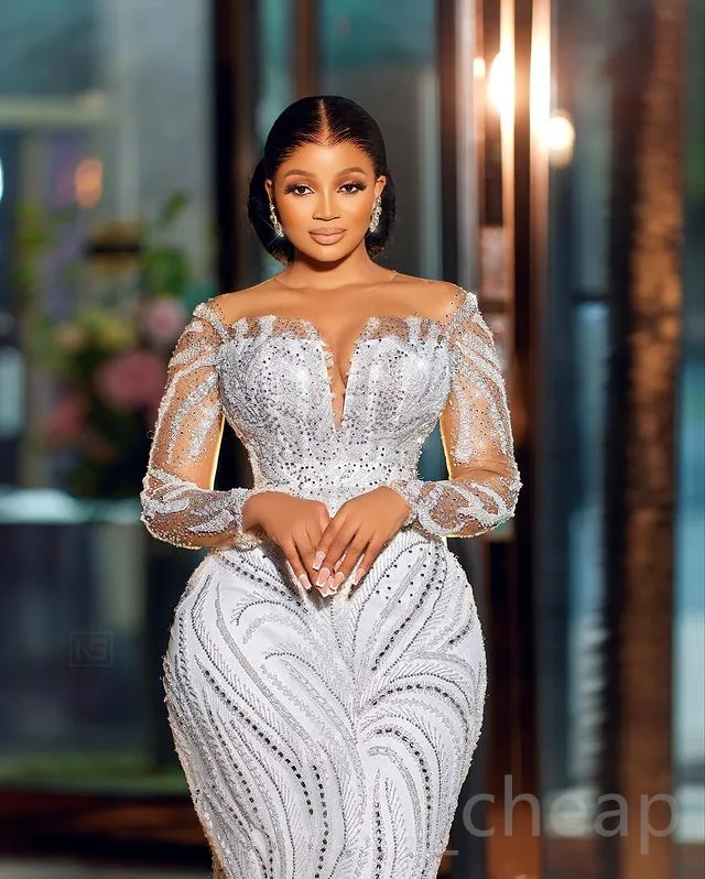 Arabic Aso Ebi White Mermaid Wedding Dress Beaded Crystals Lace Detachable Train Bridal Gowns Dresses Lz0304
