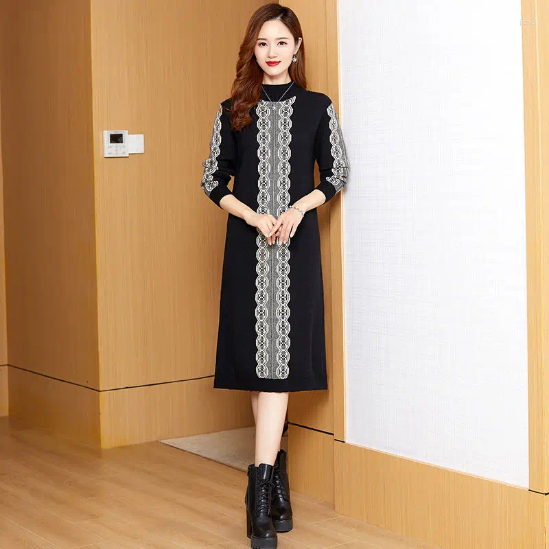 Casual Dresses Women Loose Oversize Knit Dress 2024 Autumn Winter Clothes Fashion Jacquard Patchwork Half High Collar Warm Female Sweater