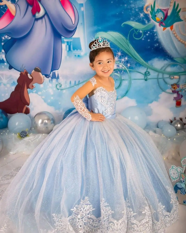 Blue Princess Wer Girl Dresses With Big Bow Sash A E Crew Neck Sheer Sleeves Appliques Sequins Long Toddler Teens ppliques